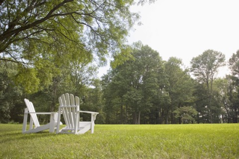 Pair of Adirondack chairs in back yard