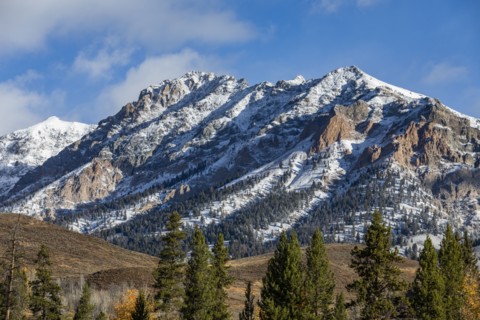 Landscape with snowcapped Rocky Mountains and autumn forests