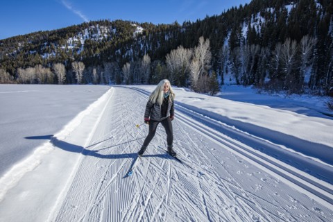 Senior woman skiing