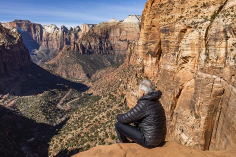 Senior man looking over Zion Canyon in Zion National Park