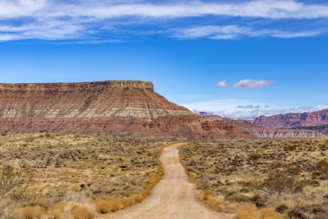 Dirt road across desert landscape near Zion National Park