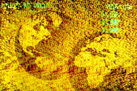 Two globes of on a static TV screen