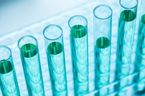 Close-up of test tubes with blue liquid