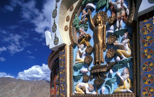 Buddha bas relief on stupa in Buddhist Lamayuru Monastery