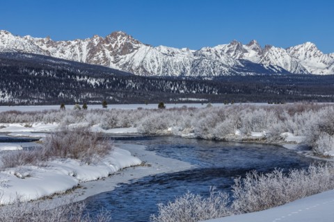 Salmon River and Sawtooth Mountains in winter