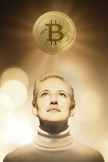Woman with bitcoin over head