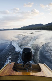 Usa, New York State, North Elba, Lake Placid, View of Lake Placid from wooden boat