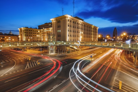 Poland, Subcarpathia, Rzeszow, Evening traffic in city