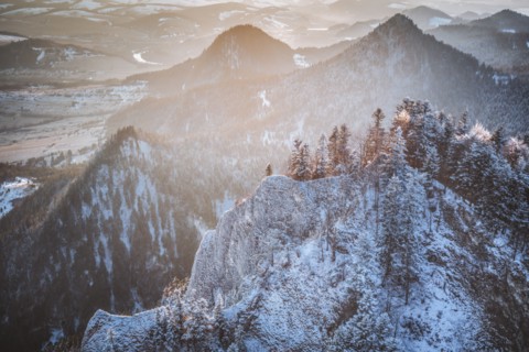 Poland, Lesser Poland, Mountain landscape in Pieniny National Park at sunset