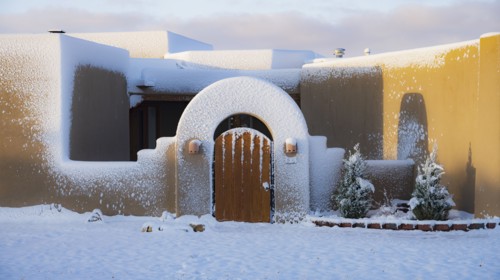 Usa, New Mexico, Santa Fe, Adobe style house covered with snow in winter