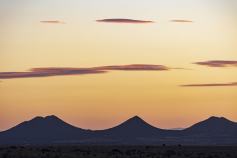 Usa, New Mexico, Santa Fe, El Dorado, Sunset sky over landscape with hills