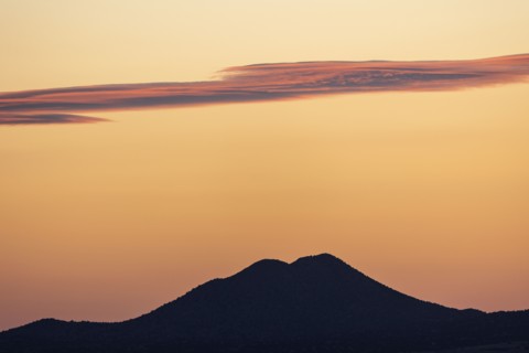 Usa, New Mexico, Santa Fe, El Dorado, Sunset sky over landscape with hills