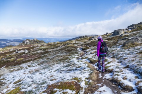 Australia, New South Wales, Woman hiking in snowy mountains in Kosciuszko National Park