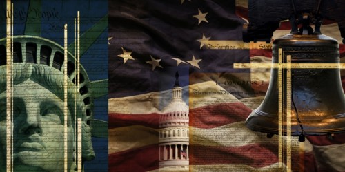 Patriotic composition showing symbols of American independence