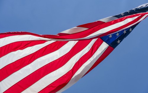 Low angle view of American flag