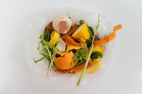 Overhead view of kitchen scraps in compost bin