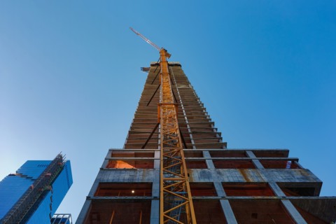 Low angle view of skyscraper under construction