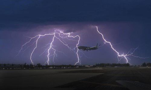 Commercial jet landing in thunderstorm