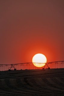 Irrigation equipment in field against setting sun