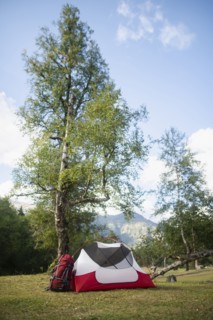 Tent with mountains in distance
