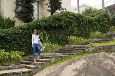 Woman standing on stone steps