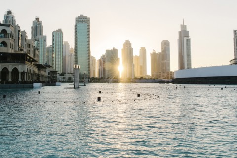 Sunset over city skyline