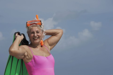 Caucasian woman wearing bathing suit