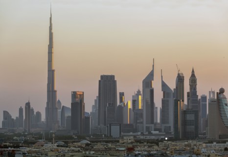 City skyline at sunset