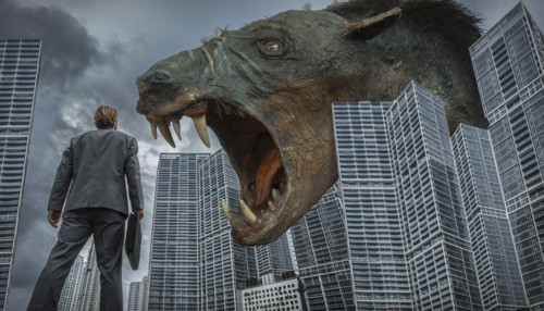 Caucasian businessman watching monster rat in city
