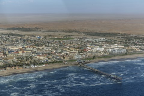 Aerial view of Swakopmund cityscape and beach