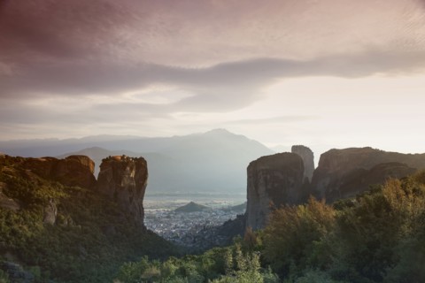 Aerial view of mountains and valley cityscape