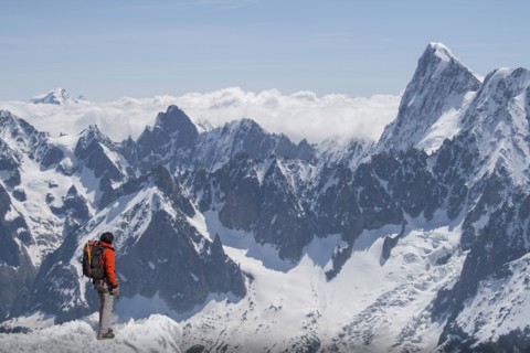 Caucasian skier on mountaintop