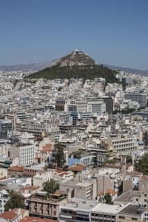 Aerial view of Athens cityscape and mountain