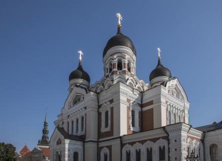 Ornate church under blue sky