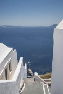 High angle view of Santorini buildings and ocean