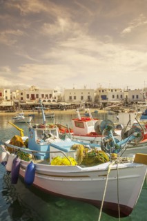 Boats anchored in Mykonos harbor