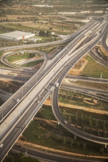 Aerial view of freeway roads in rural landscape