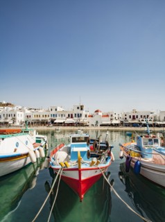 Boats anchored in Mykonos harbor