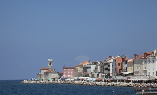 Piran waterfront under blue sky