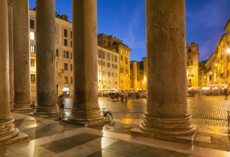 Pantheon Square illuminated at night