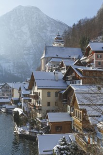 Scenic view of houses on lake shore