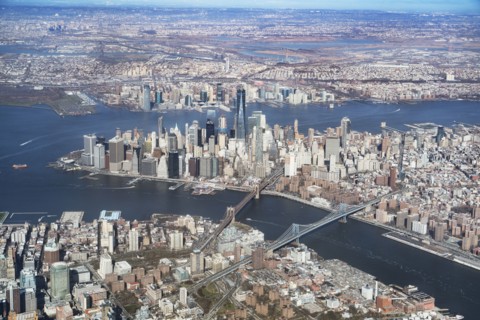 Aerial view of river and city