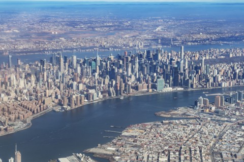 Aerial view of river and city