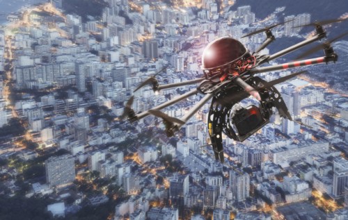 Drone hovering over city