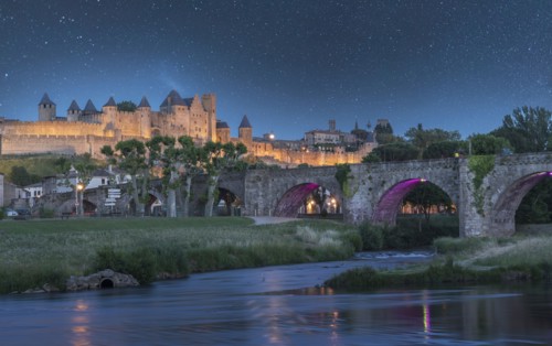 Stars at night over fortified city of Carcassonne