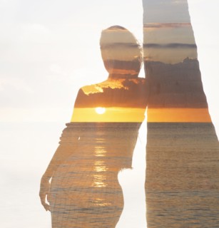 Multiple exposure of Caucasian woman leaning on palm tree near ocean