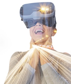 Caucasian woman wearing virtual reality goggles