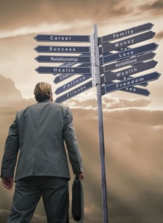 Businessman contemplating choices on sign