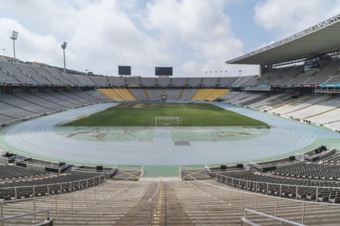 Soccer field in empty stadium