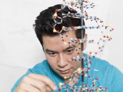 Mixed race student working on double helix model